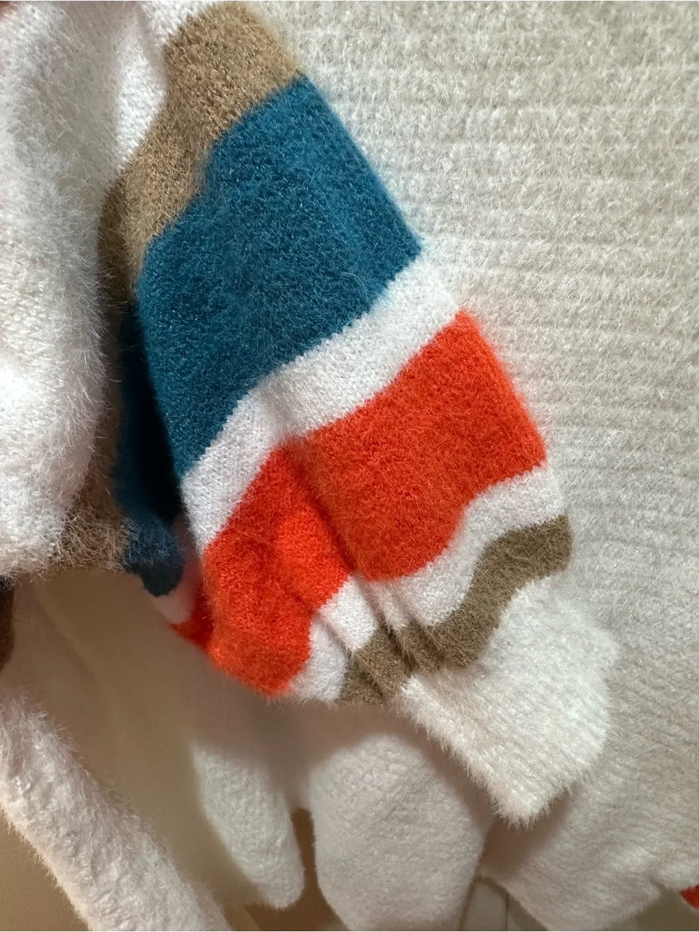 White Crewneck Sweater with Striped Sleeves